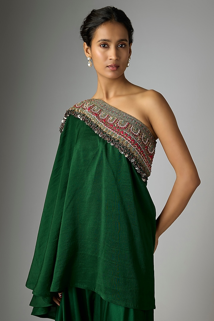 Bottle Green Silk Thread Work One-Shoulder Cape Set by Prisho at Pernia's Pop Up Shop