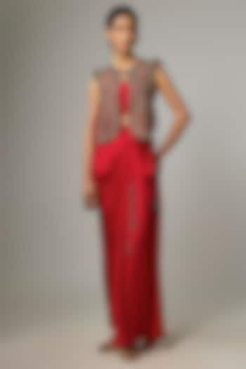 Red Silk Thread Work Jacket Set by Prisho at Pernia's Pop Up Shop