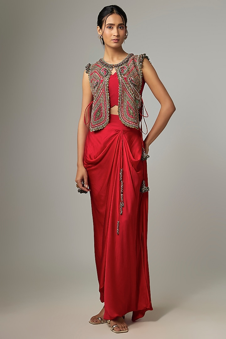 Red Silk Thread Work Jacket Set by Prisho at Pernia's Pop Up Shop