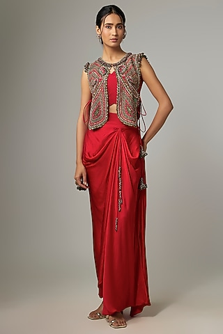 Red Silk Thread Work Jacket Set by Prisho