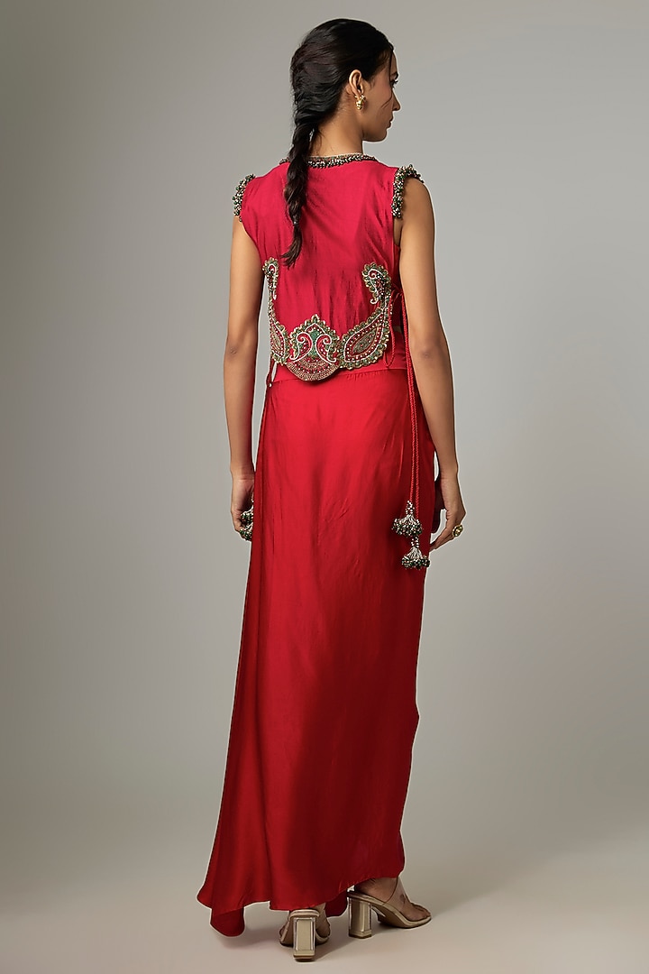 Red Silk Thread Work Jacket Set by Prisho at Pernia's Pop Up Shop