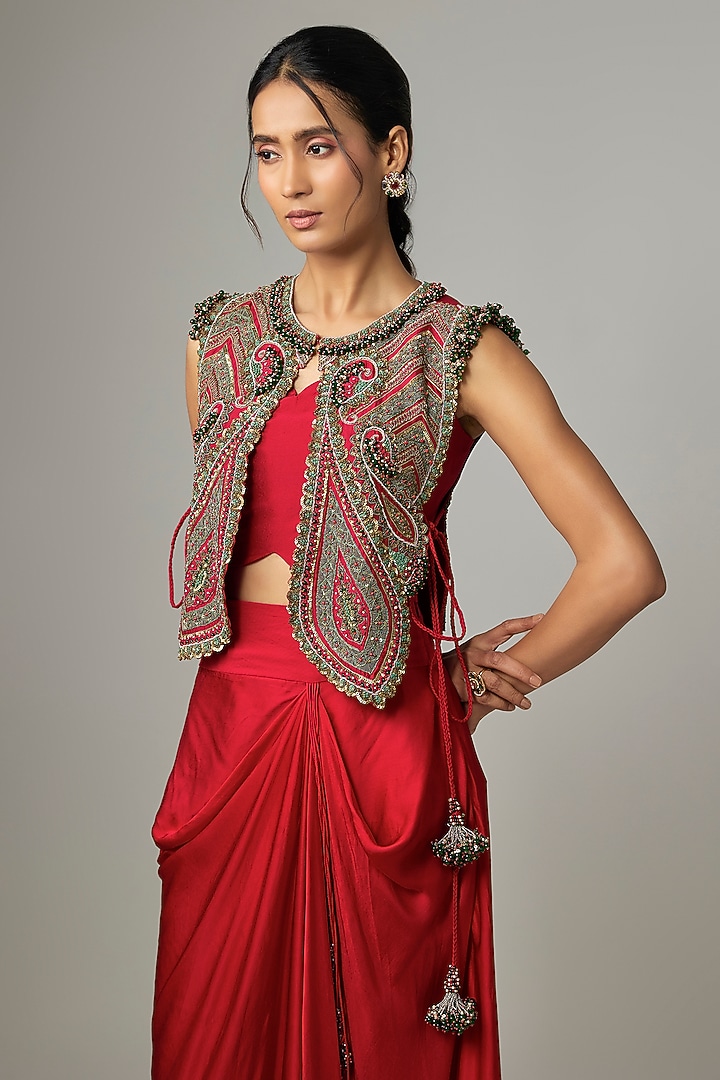 Red Silk Thread Work Jacket Set by Prisho at Pernia's Pop Up Shop