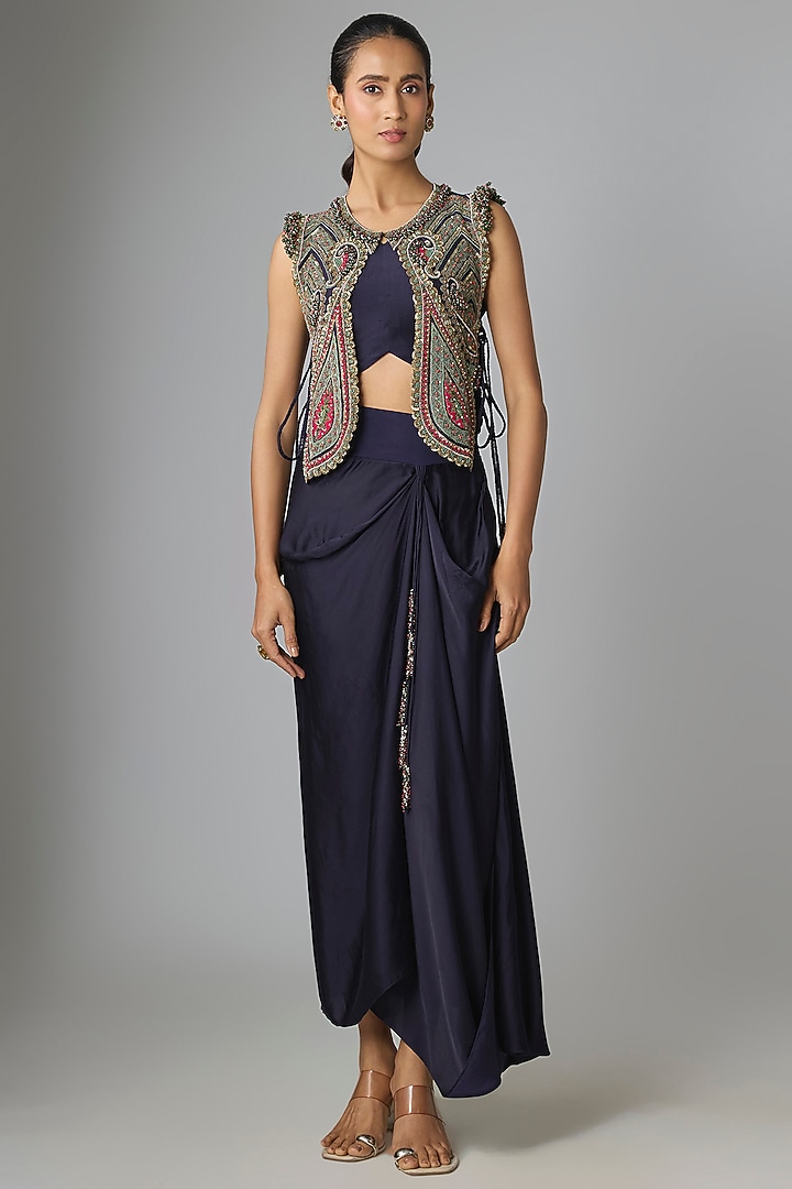 Royal Blue Silk Thread Work Jacket Set by Prisho at Pernia's Pop Up Shop