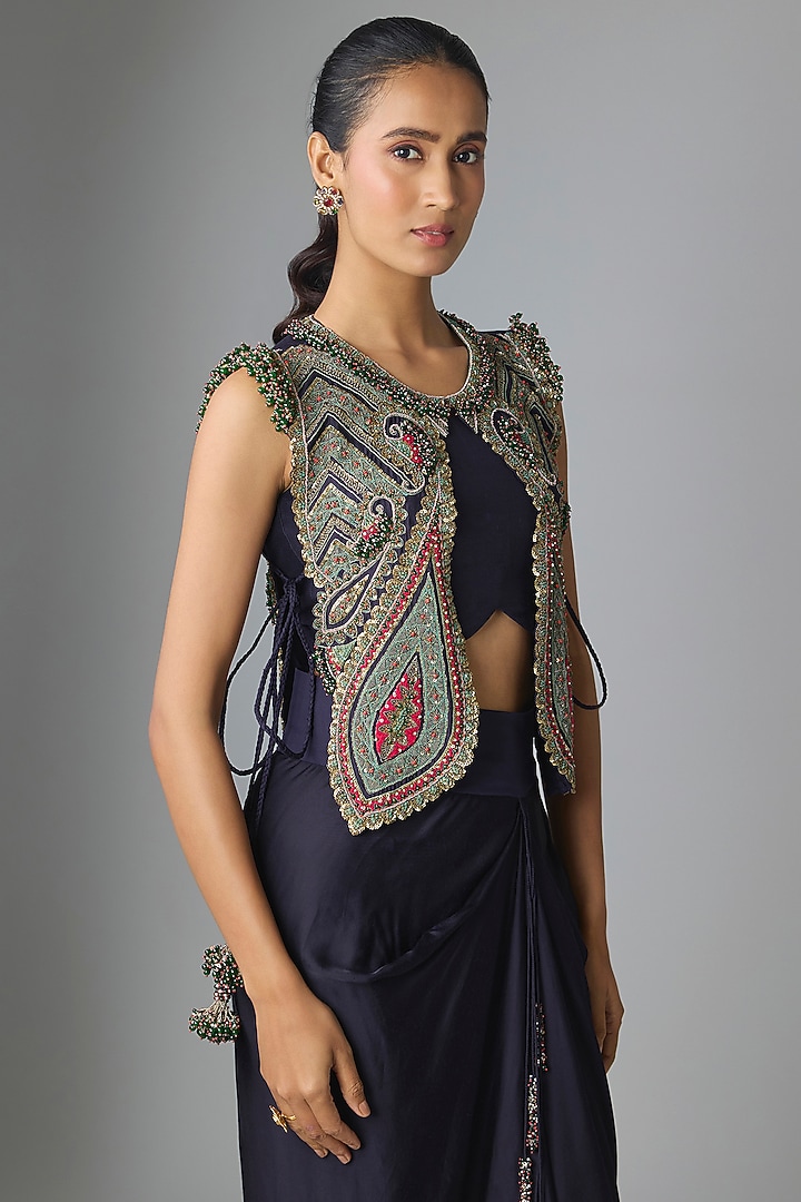 Royal Blue Silk Thread Work Jacket Set by Prisho at Pernia's Pop Up Shop