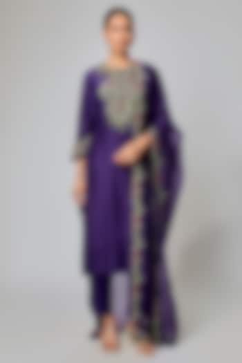 Dark Purple Silk Thread Work Kurta Set by Prisho at Pernia's Pop Up Shop