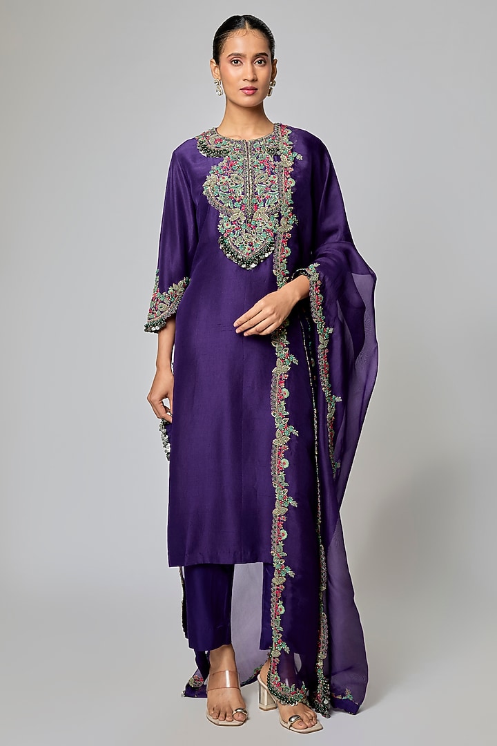Dark Purple Silk Thread Work Kurta Set by Prisho at Pernia's Pop Up Shop