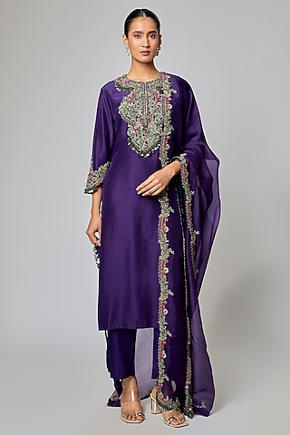 Dark Purple Silk Thread Work Kurta Set by Prisho
