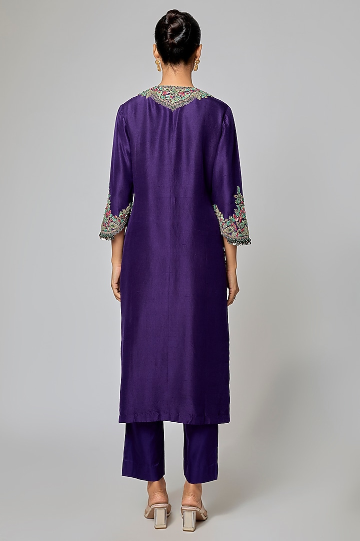Dark Purple Silk Thread Work Kurta Set by Prisho at Pernia's Pop Up Shop