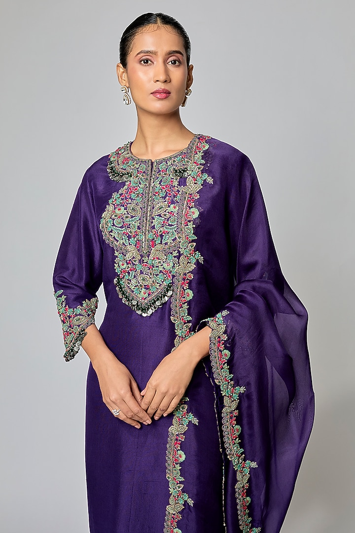 Dark Purple Silk Thread Work Kurta Set by Prisho at Pernia's Pop Up Shop