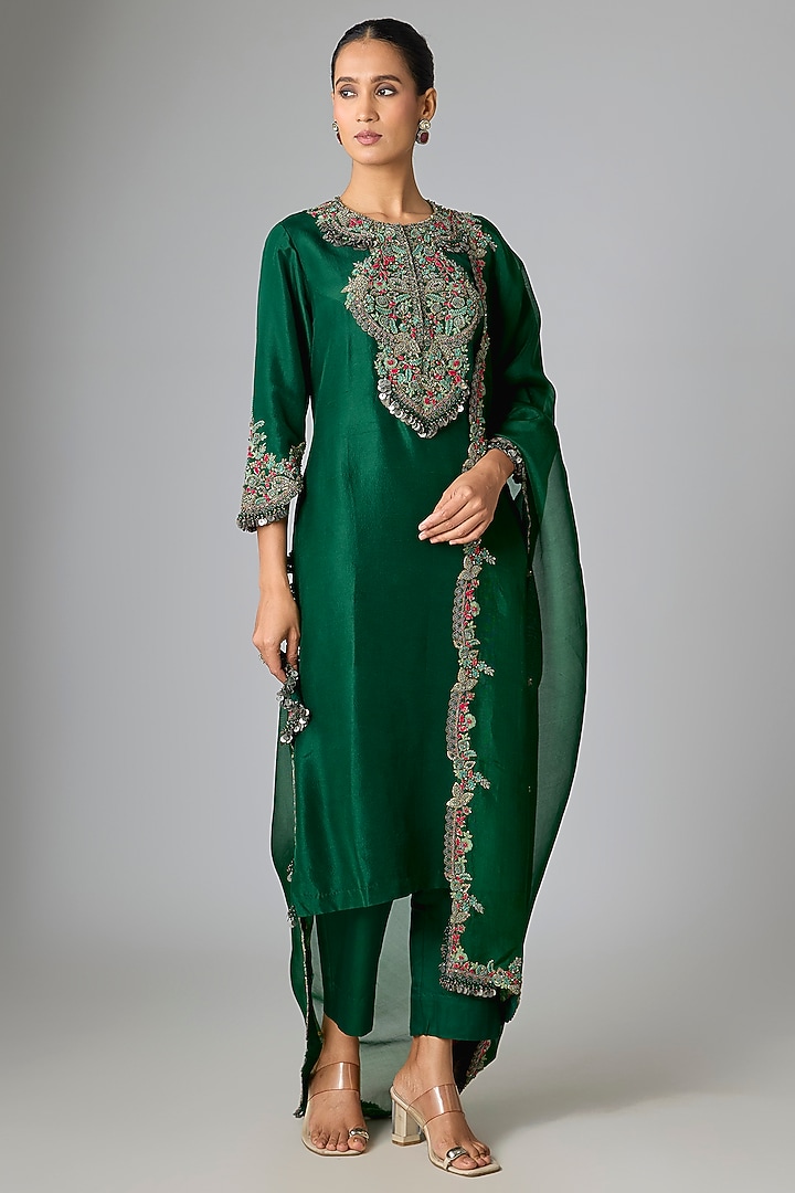 Bottle Green Silk Dori & Thread Work Kurta Set by Prisho at Pernia's Pop Up Shop