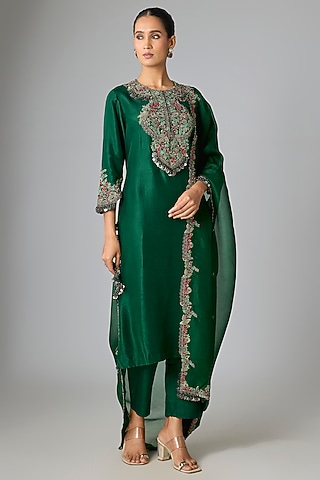 Bottle Green Silk Dori & Thread Work Kurta Set by Prisho
