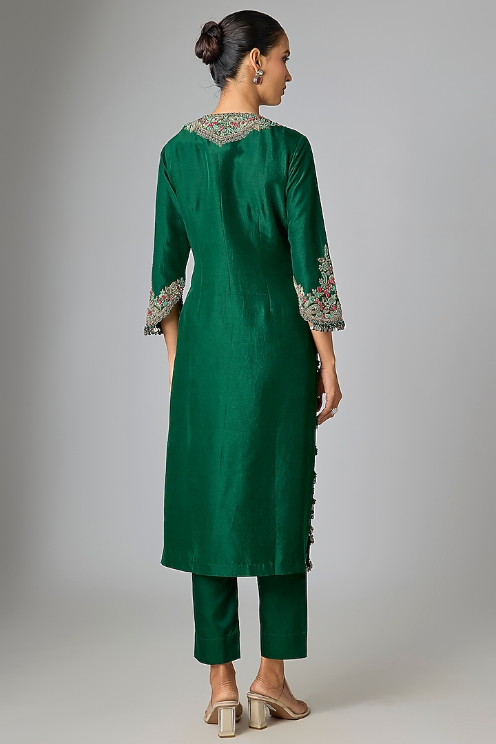 Bottle Green Silk Dori & Thread Work Kurta Set by Prisho at Pernia's Pop Up Shop