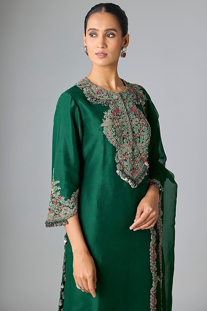 Bottle Green Silk Dori & Thread Work Kurta Set by Prisho at Pernia's Pop Up Shop