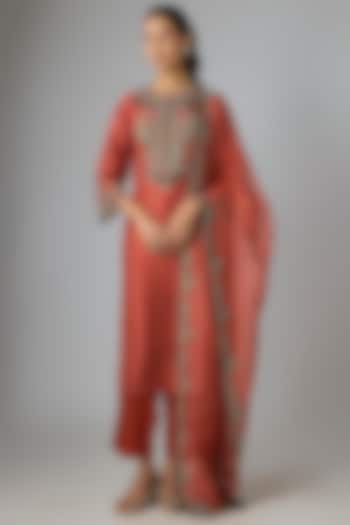 Deep Orange Silk Thread Work Kurta Set by Prisho at Pernia's Pop Up Shop