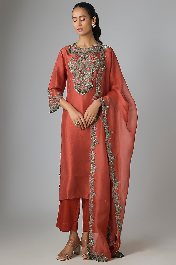 Deep Orange Silk Thread Work Kurta Set by Prisho at Pernia's Pop Up Shop