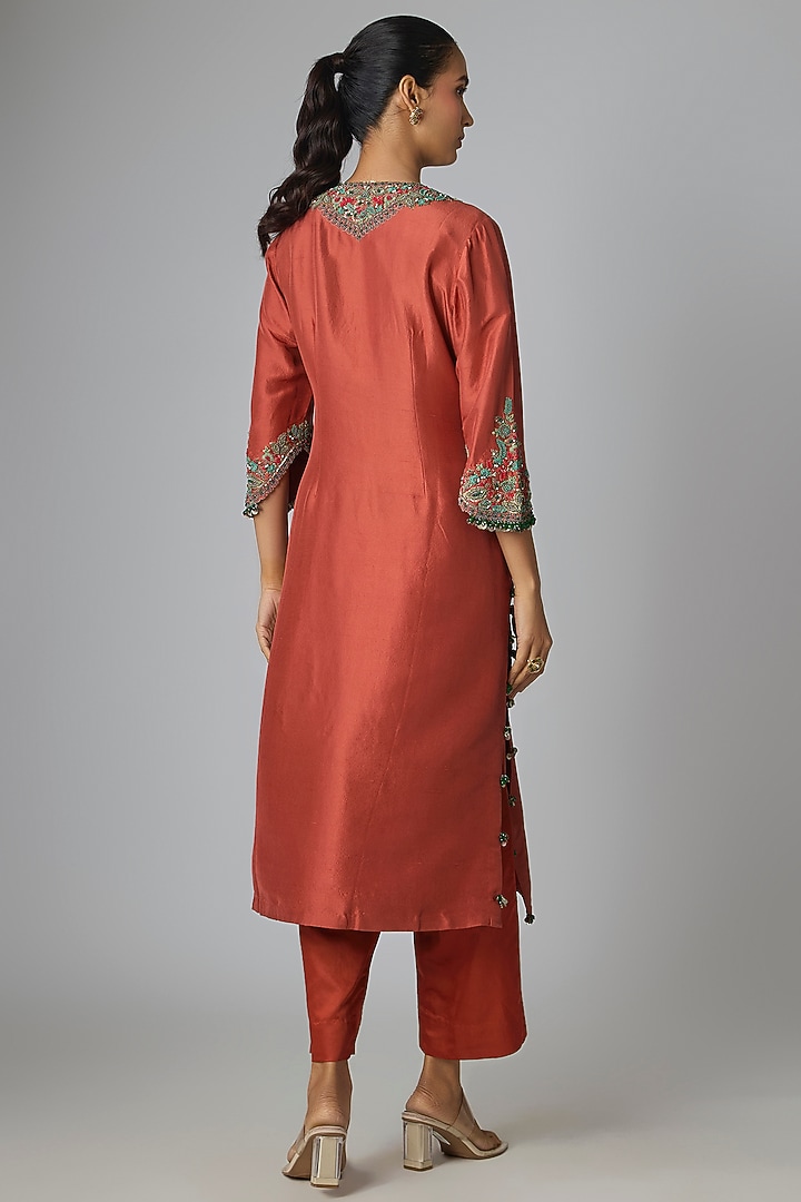 Deep Orange Silk Thread Work Kurta Set by Prisho at Pernia's Pop Up Shop