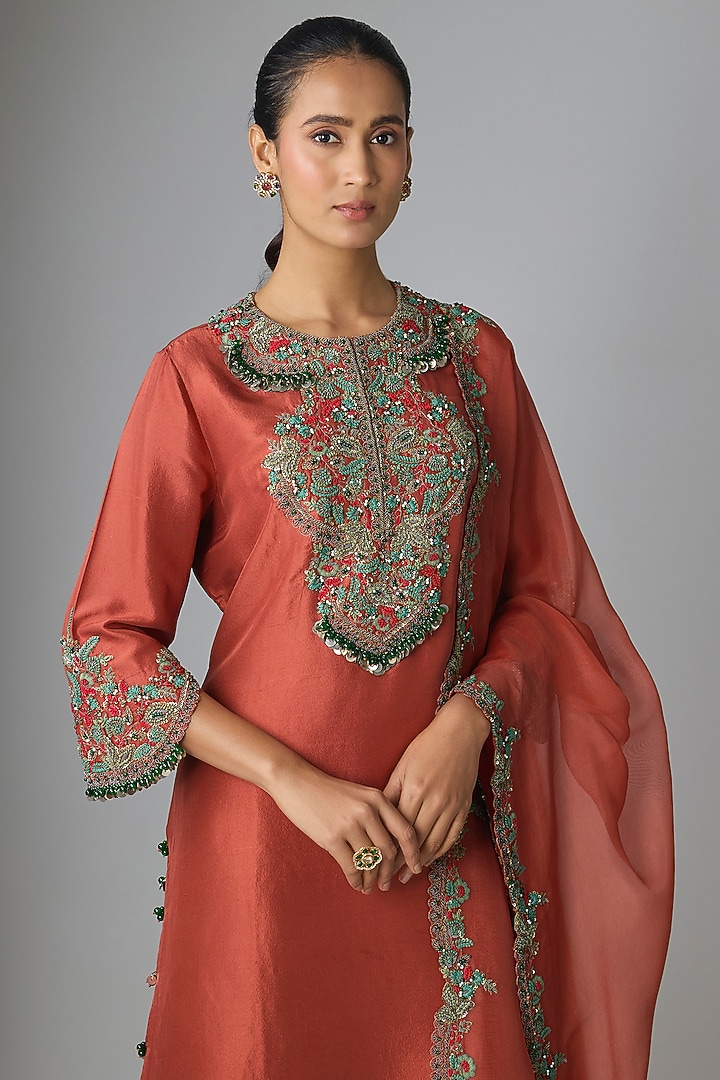 Deep Orange Silk Thread Work Kurta Set by Prisho at Pernia's Pop Up Shop