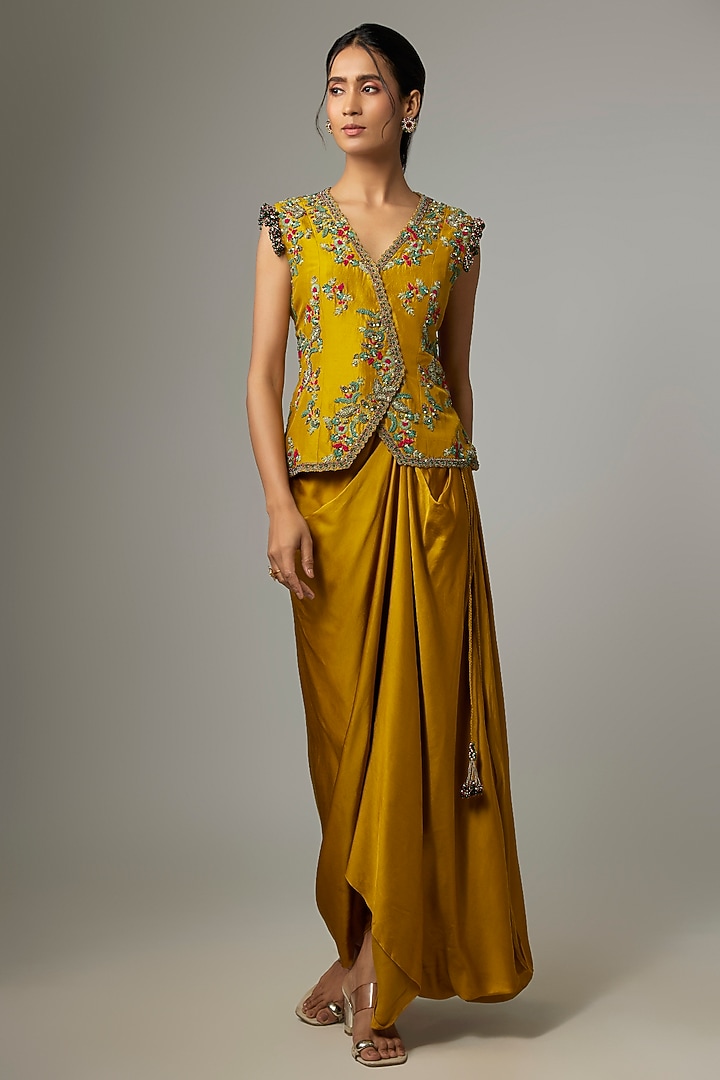 Mustard Silk Thread Work Jacket Set by Prisho at Pernia's Pop Up Shop