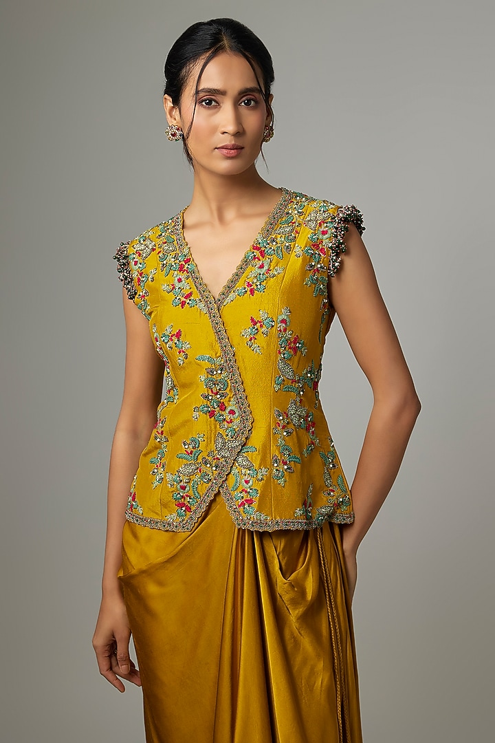 Mustard Silk Thread Work Jacket Set by Prisho at Pernia's Pop Up Shop