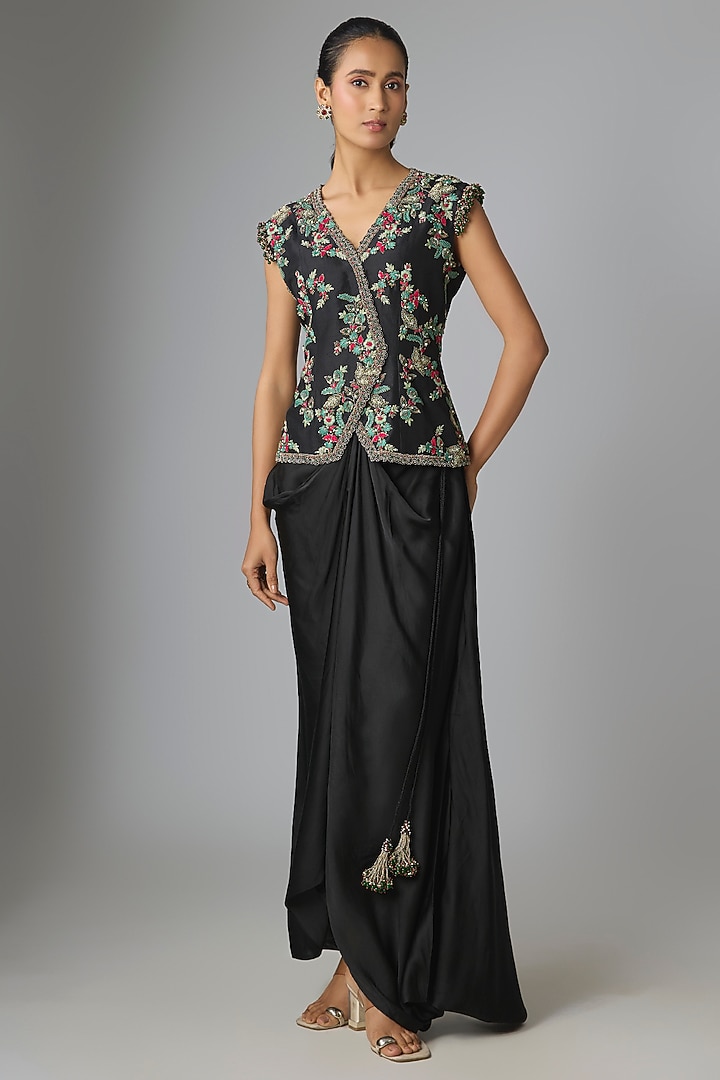 Black Silk Thread Work Jacket Set by Prisho at Pernia's Pop Up Shop