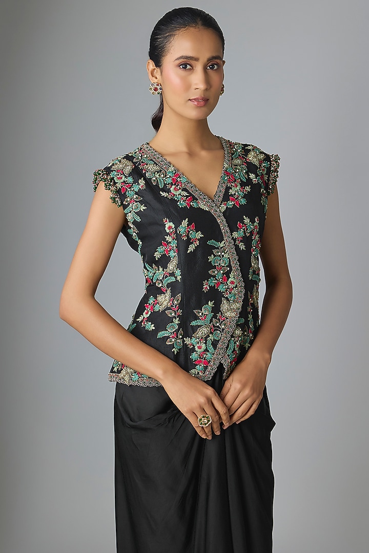 Black Silk Thread Work Jacket Set by Prisho at Pernia's Pop Up Shop