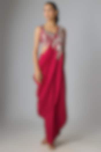Red Silk Mirror & Jaal Work Draped Skirt Set by Prisho at Pernia's Pop Up Shop