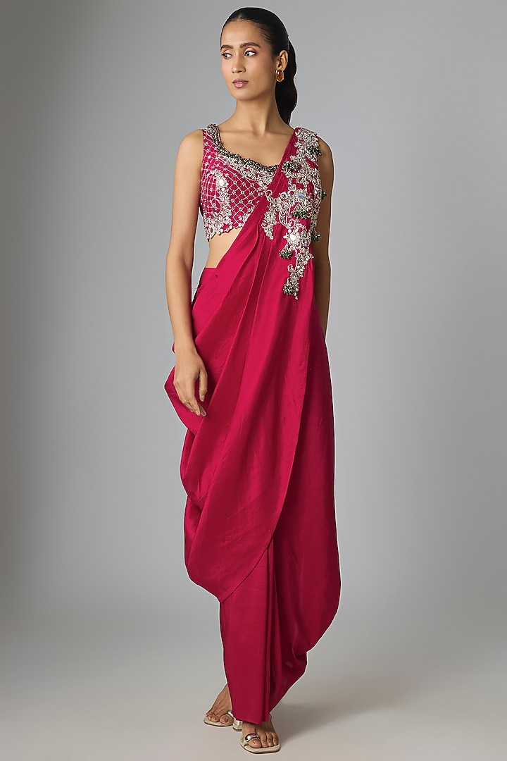 Red Silk Mirror & Jaal Work Draped Skirt Set by Prisho at Pernia's Pop Up Shop