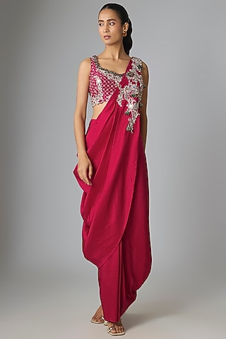 Red Silk Mirror & Jaal Work Draped Skirt Set by Prisho