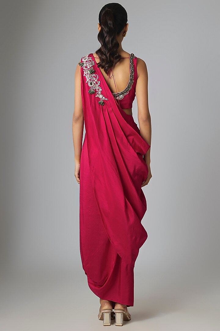 Red Silk Mirror & Jaal Work Draped Skirt Set by Prisho at Pernia's Pop Up Shop