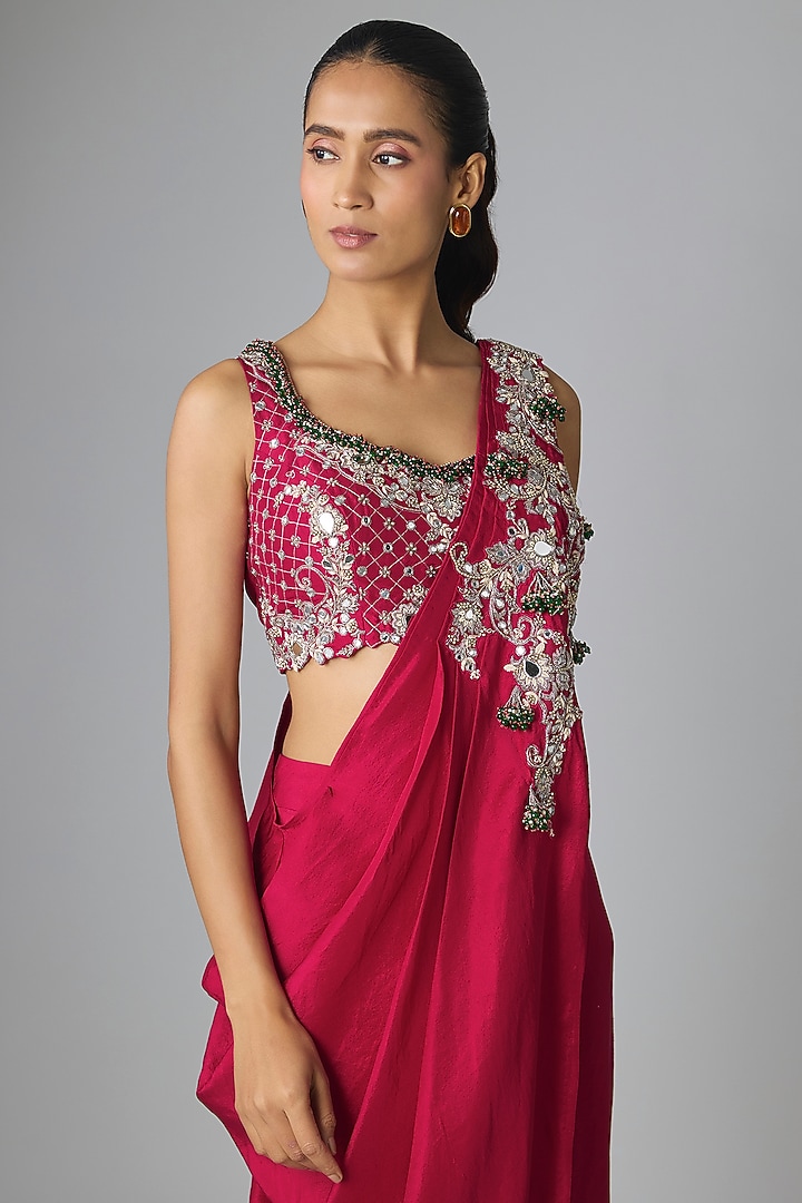 Red Silk Mirror & Jaal Work Draped Skirt Set by Prisho at Pernia's Pop Up Shop