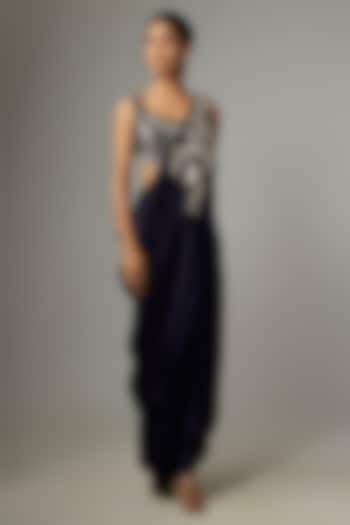 Royal Blue Silk Mirror & Jaal Work Draped Skirt Set by Prisho at Pernia's Pop Up Shop