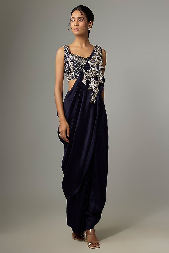 Royal Blue Silk Mirror & Jaal Work Draped Skirt Set by Prisho at Pernia's Pop Up Shop