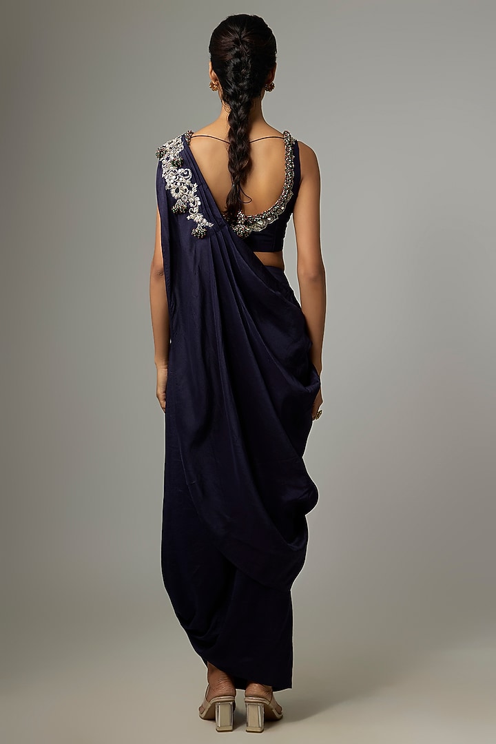 Royal Blue Silk Mirror & Jaal Work Draped Skirt Set by Prisho at Pernia's Pop Up Shop