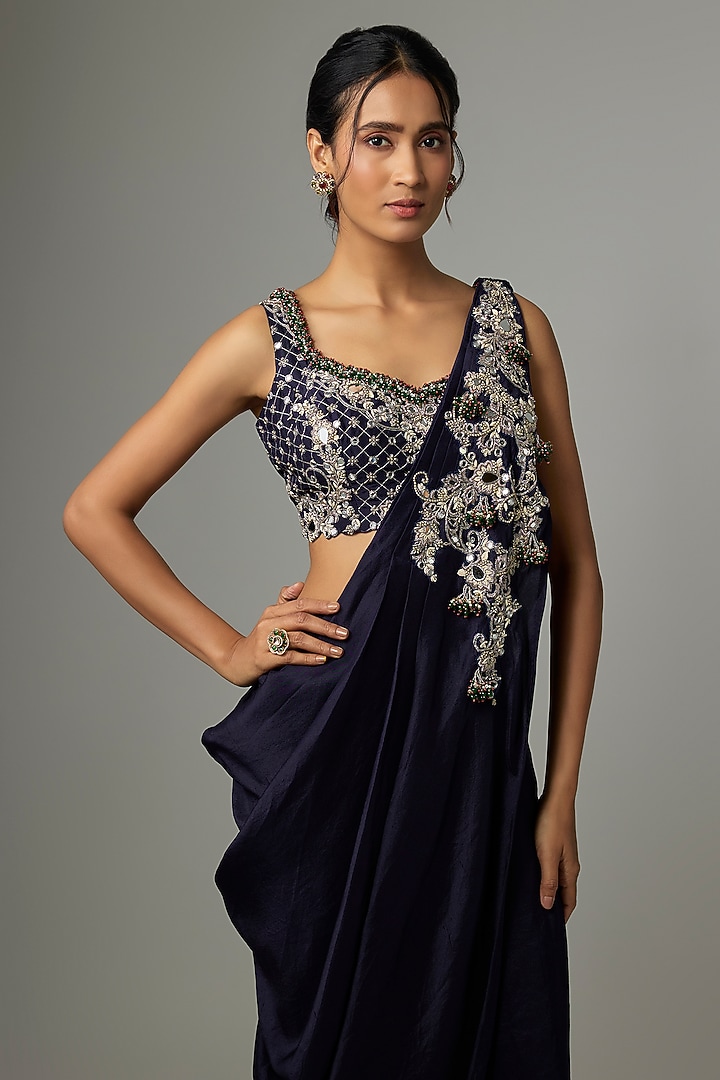 Royal Blue Silk Mirror & Jaal Work Draped Skirt Set by Prisho at Pernia's Pop Up Shop