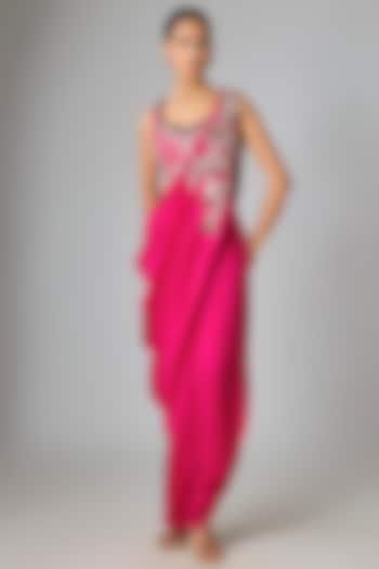 Fuchsia Silk Mirror Work Draped Skirt Set by Prisho at Pernia's Pop Up Shop