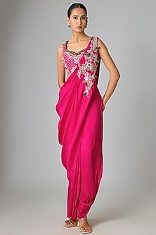 Fuchsia Silk Mirror Work Draped Skirt Set by Prisho-POPULAR PRODUCTS AT STORE