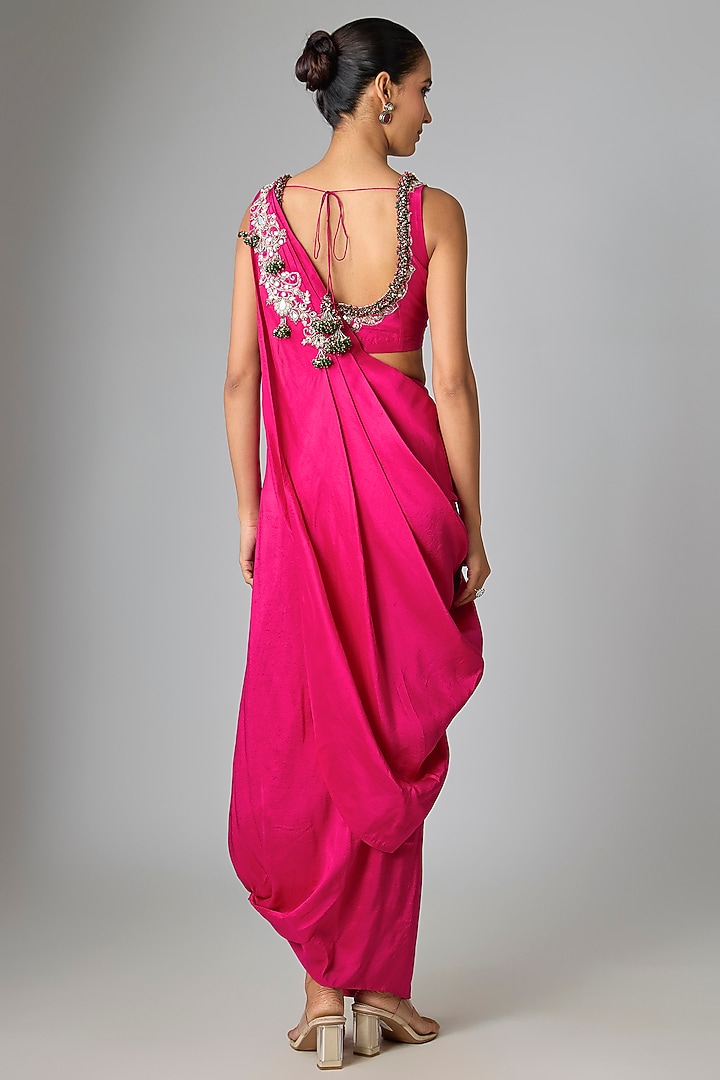 Fuchsia Silk Mirror Work Draped Skirt Set by Prisho at Pernia's Pop Up Shop