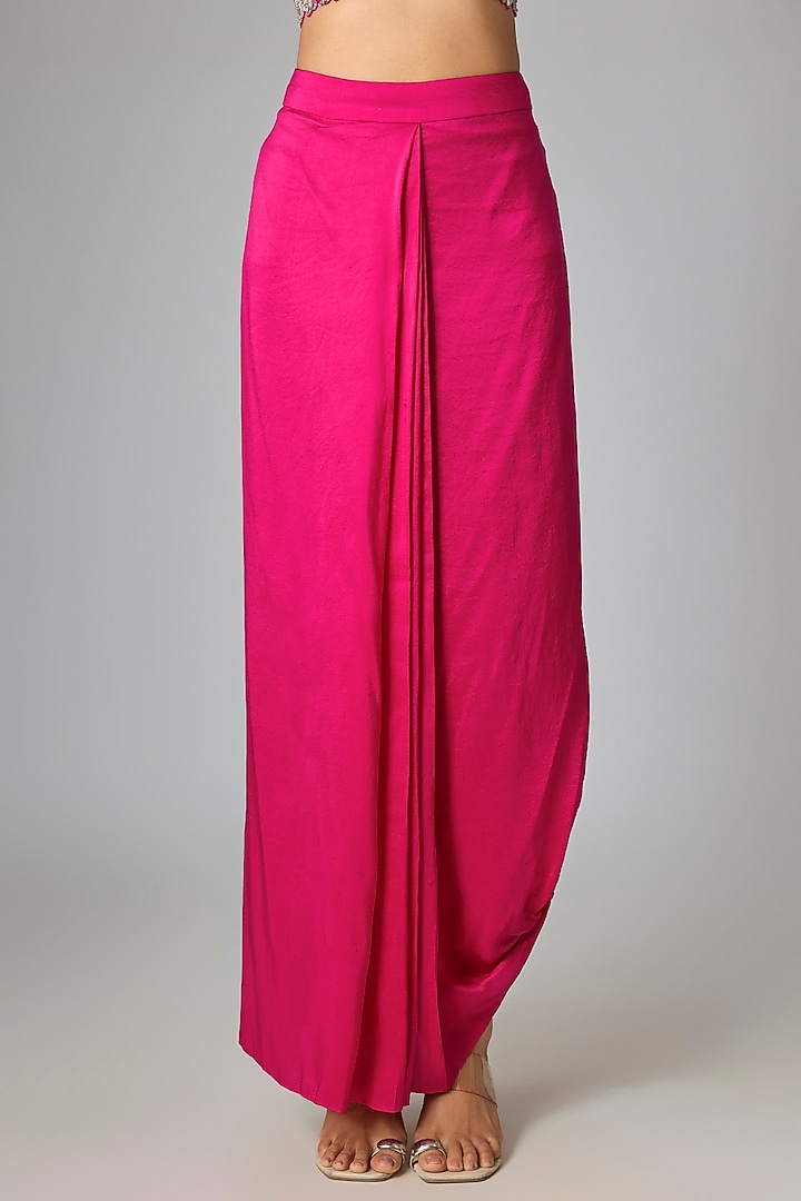 Fuchsia Silk Mirror Work Draped Skirt Set by Prisho at Pernia's Pop Up Shop