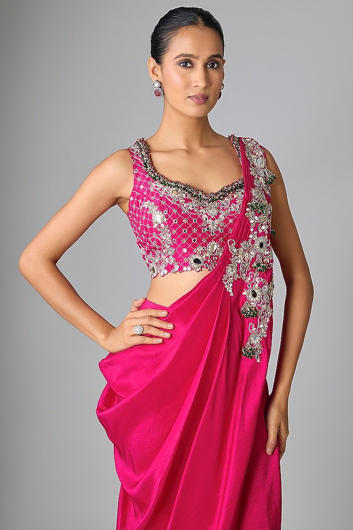 Fuchsia Silk Mirror Work Draped Skirt Set by Prisho at Pernia's Pop Up Shop