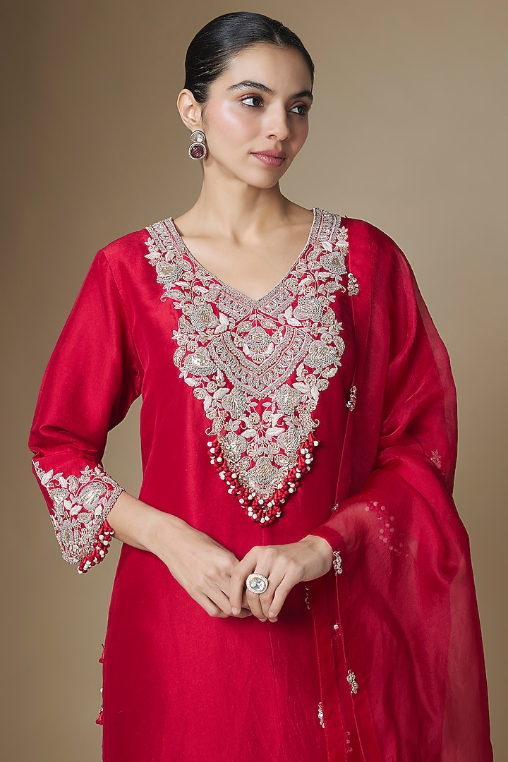 Red Silk Gota Work Kurta Set by Prisho at Pernia's Pop Up Shop