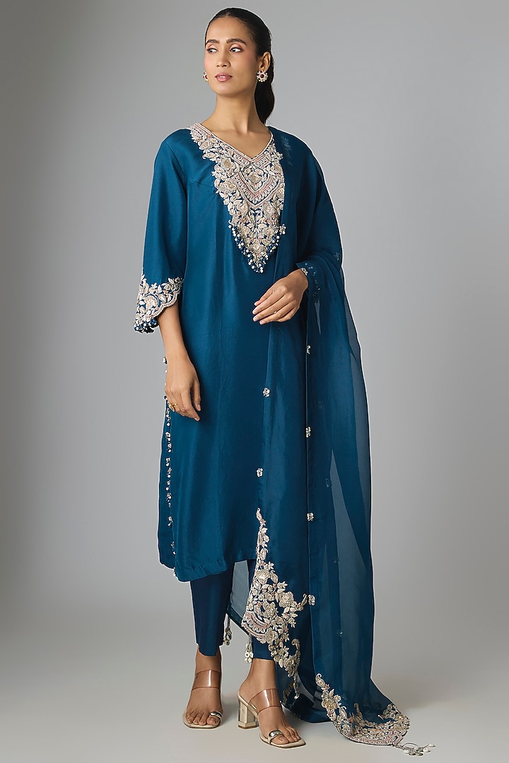 Blue Silk Gota Work Kurta Set by Prisho at Pernia's Pop Up Shop