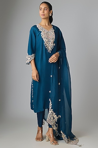 Blue Silk Gota Work Kurta Set by Prisho