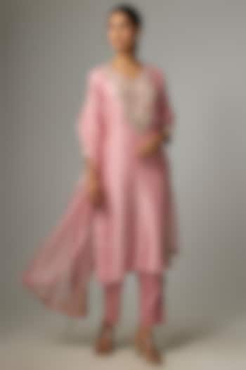 Flamingo Pink Silk Gota Work Kurta Set by Prisho at Pernia's Pop Up Shop