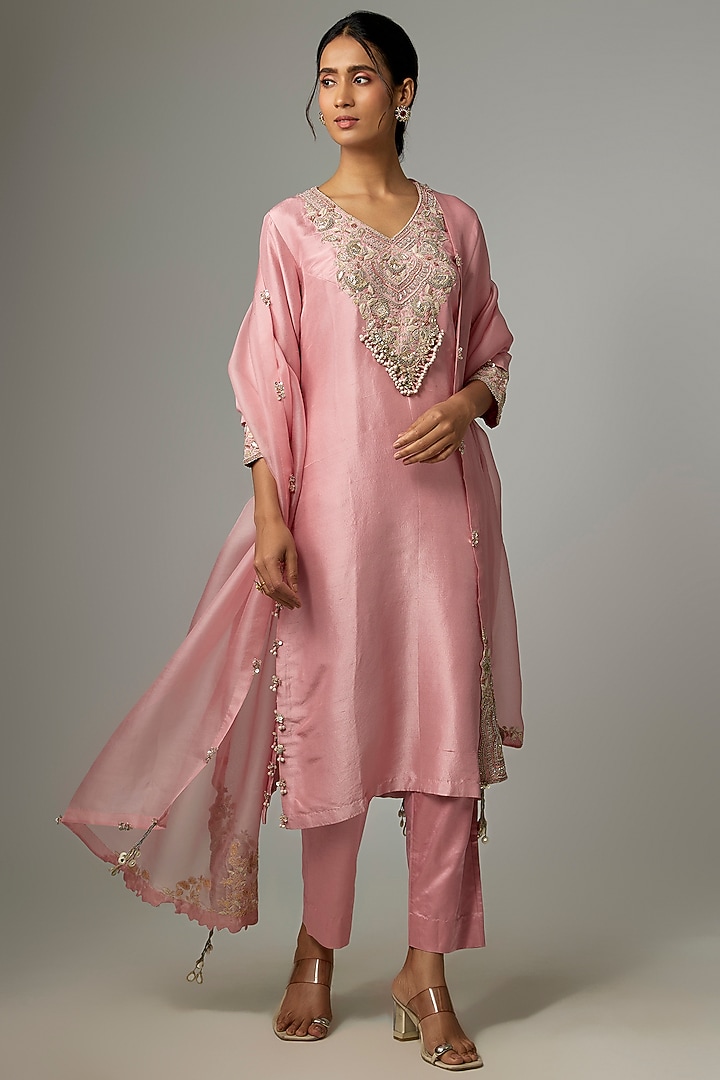 Flamingo Pink Silk Gota Work Kurta Set by Prisho at Pernia's Pop Up Shop