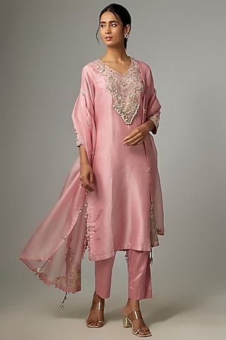 Flamingo Pink Silk Gota Work Kurta Set by Prisho