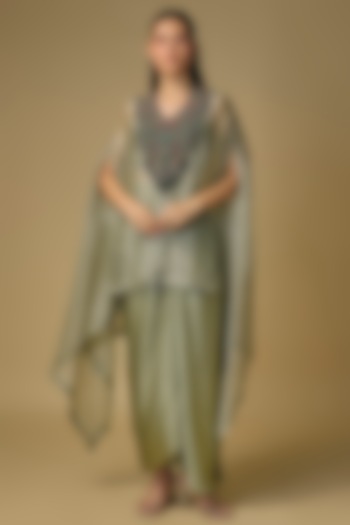 Aqua-Colored Crushed Tissue Threadwork Kaftan Set by Prisho at Pernia's Pop Up Shop