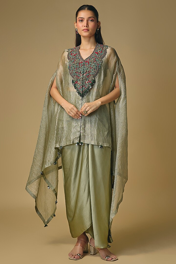 Aqua-Colored Crushed Tissue Threadwork Kaftan Set by Prisho at Pernia's Pop Up Shop