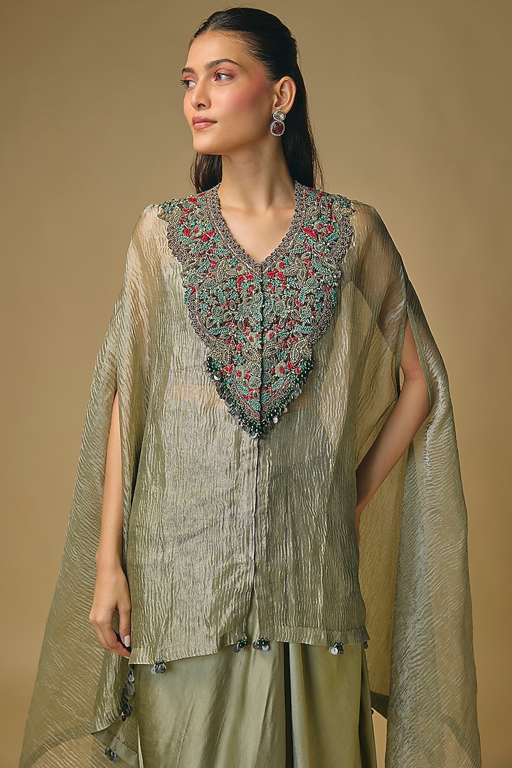 Aqua-Colored Crushed Tissue Threadwork Kaftan Set by Prisho at Pernia's Pop Up Shop