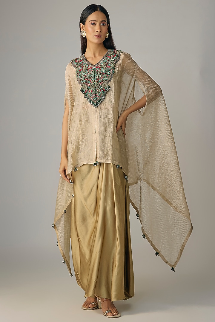 Champagne Crushed Tissue Dori Work Kaftan Set by Prisho at Pernia's Pop Up Shop