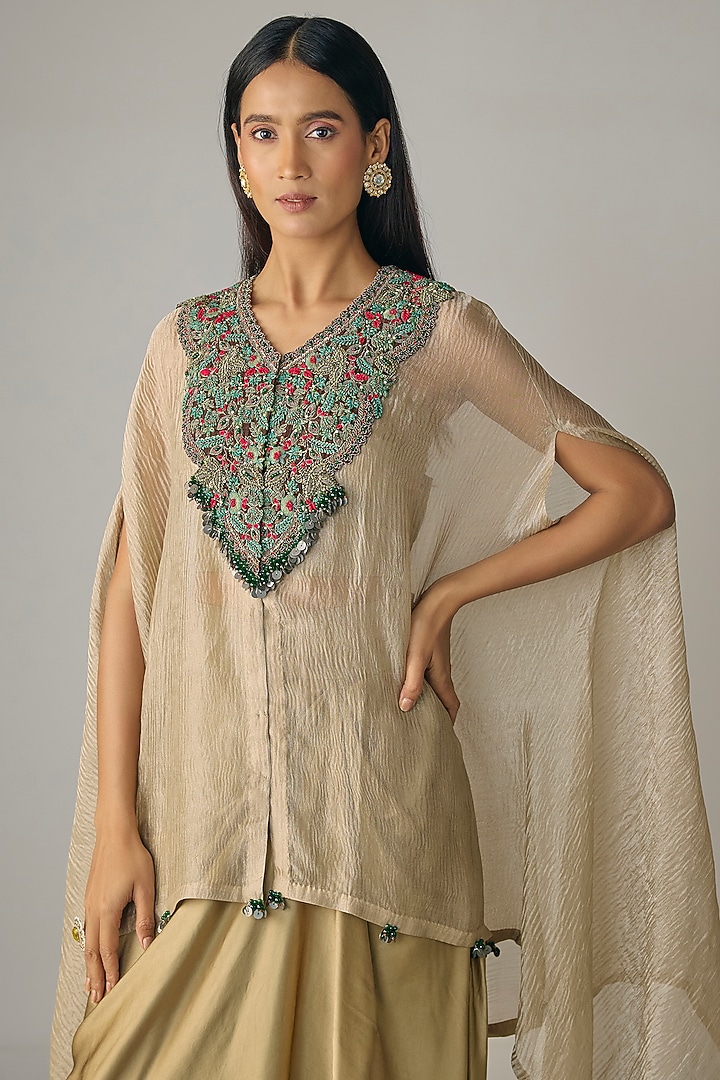 Champagne Crushed Tissue Dori Work Kaftan Set by Prisho at Pernia's Pop Up Shop